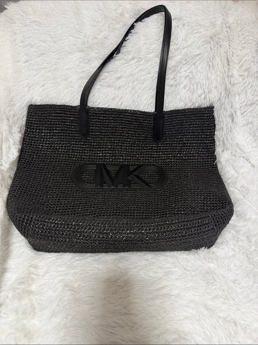 Michael Kors Black Woven Raffia Tote with MK Emblem